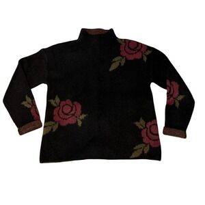 MB Sweater Black Red Floral Mock Neck Fuzzy Knit Pullover Stretch Medium Women